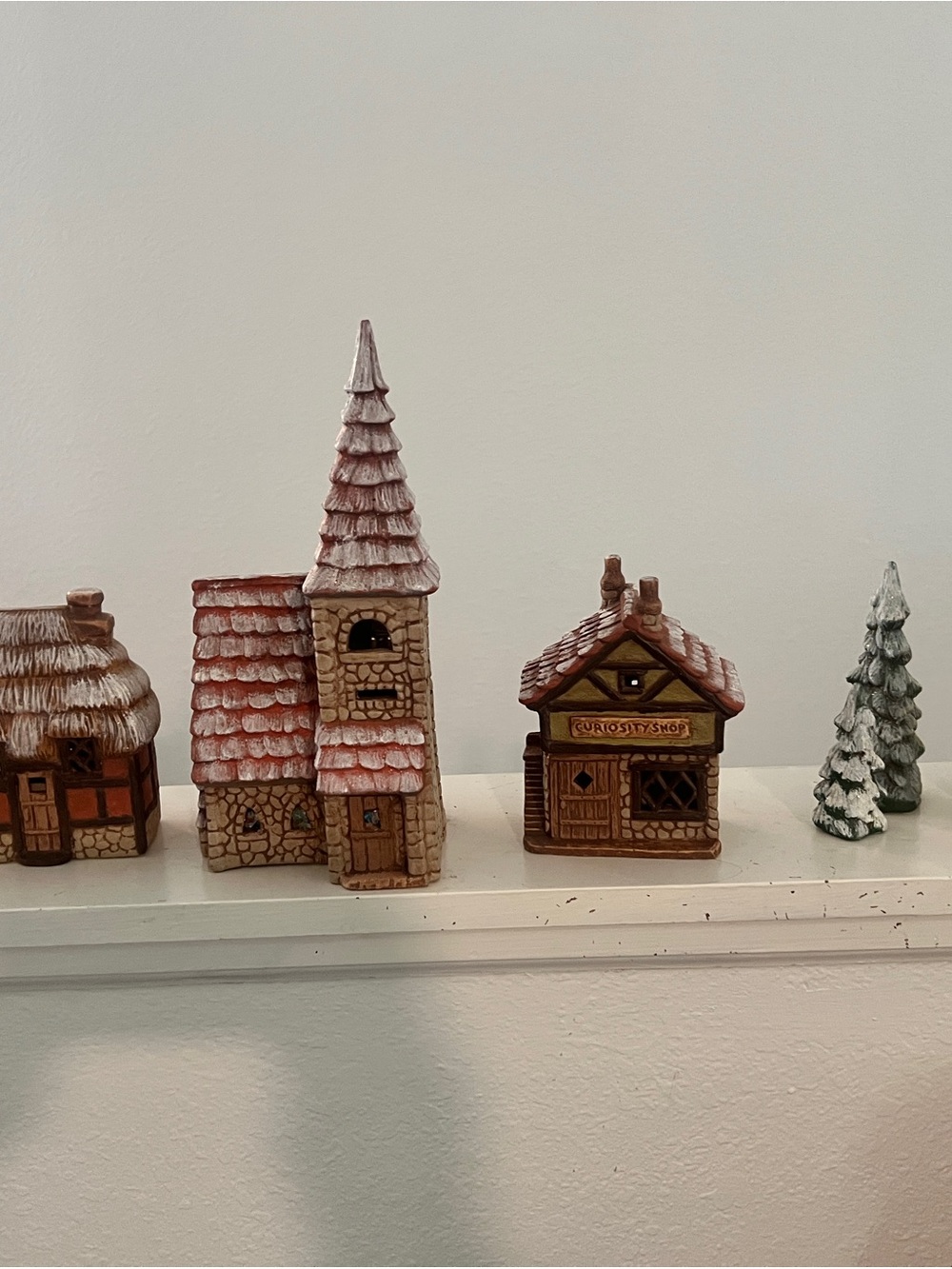 Dept 56 Dickens Village 7pc Lot Old Curiosity Shop Church Cottages Trees NO CORD